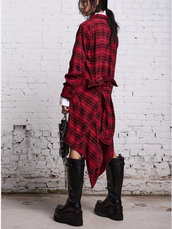 R13 Dresses & Skirts - R13 Tie Waist Midi Shirt Dress - Red/Black Plaid Size XS